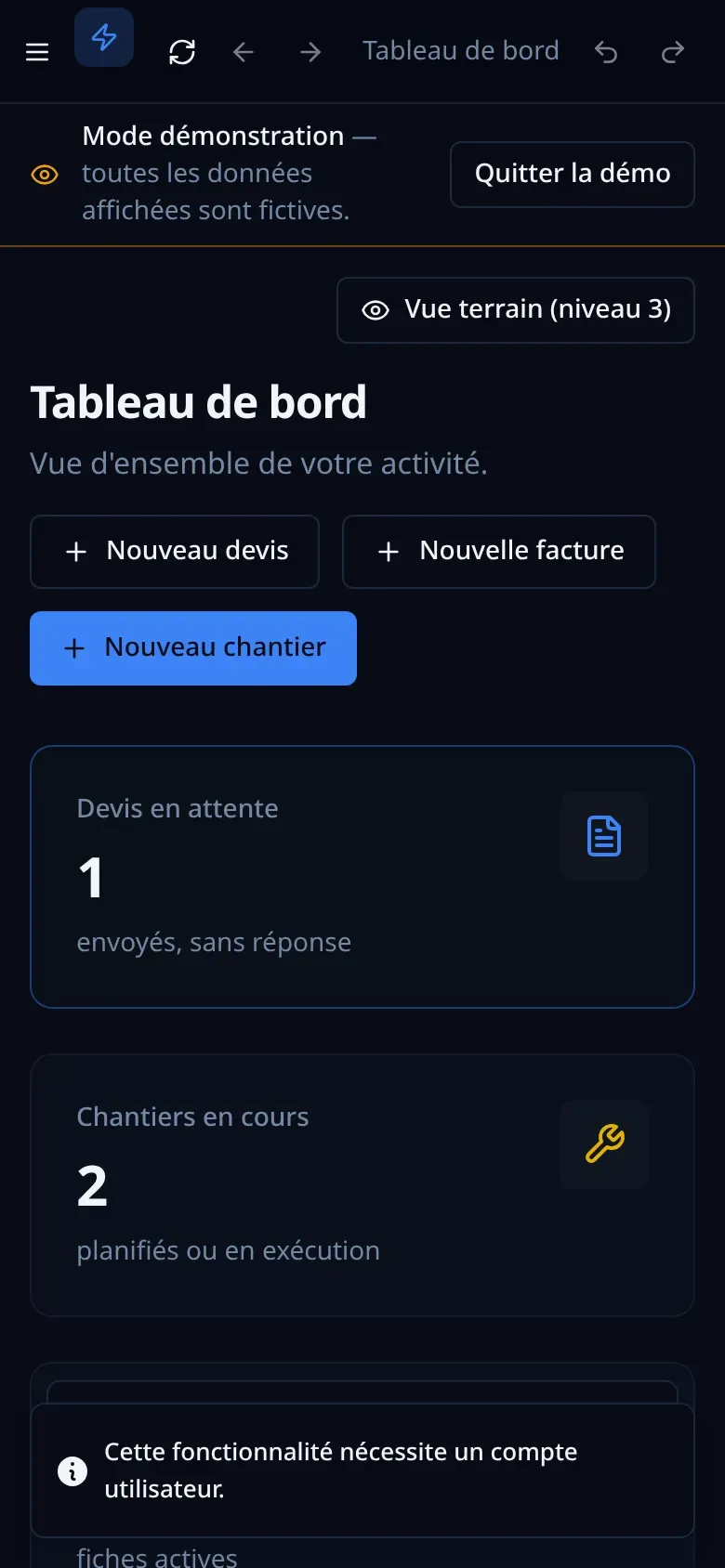 Le tableau de bord sur téléphone (données fictives)