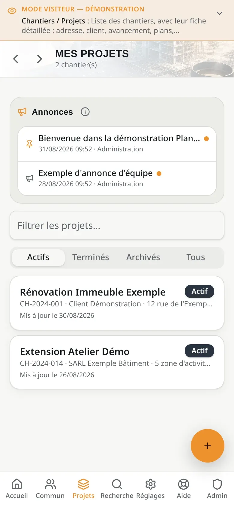 Les chantiers sur téléphone
