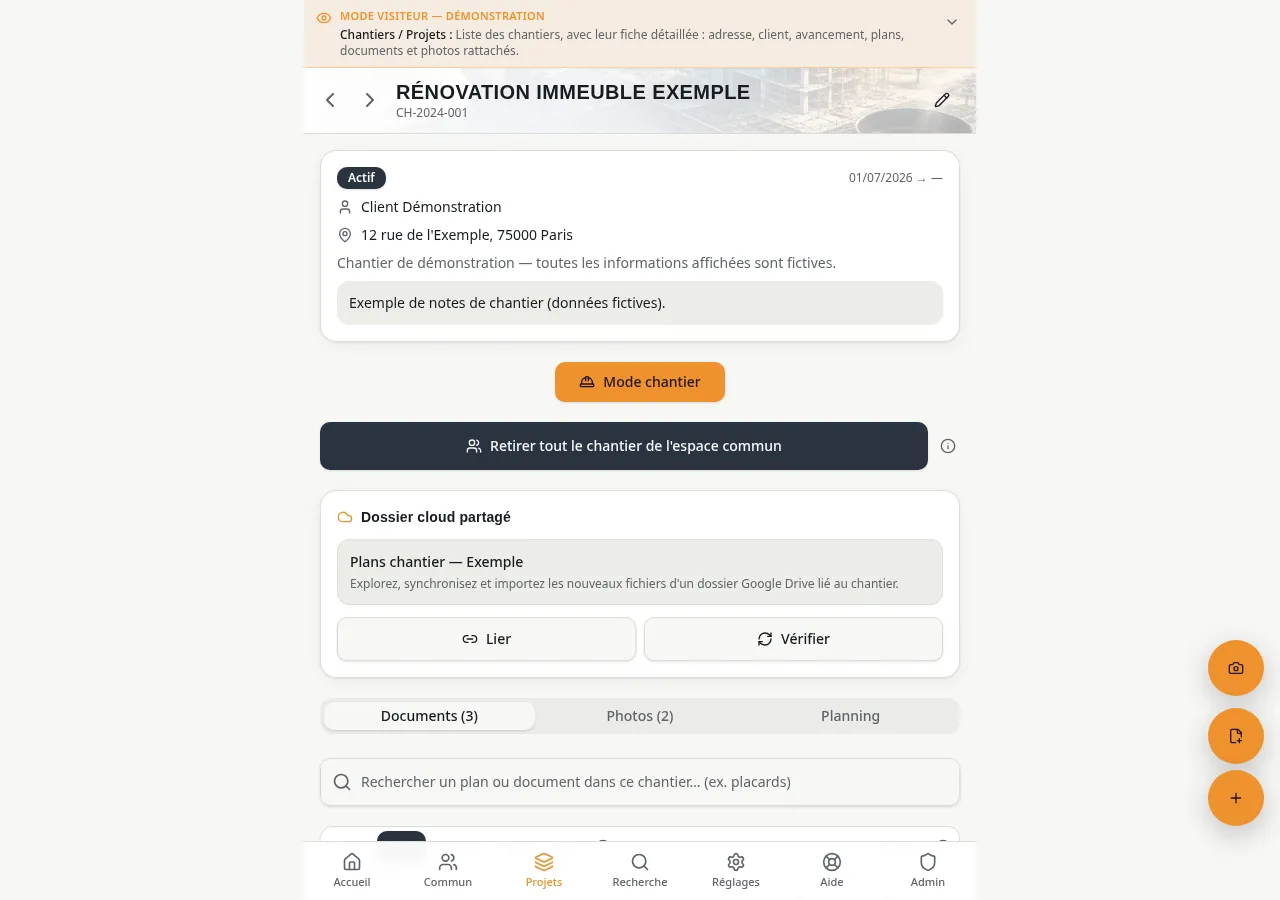 Fiche chantier : toutes les informations du projet centralisées — coordonnées, plans, documents et photos associés.