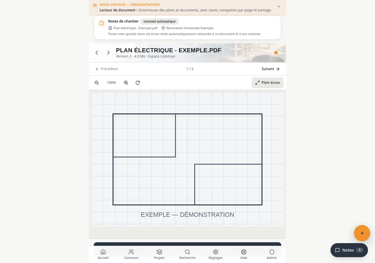 Visionneuse de plan : consultation page par page avec zoom, rotation et plein écran — la dernière version toujours sous la main, même sur le terrain.
