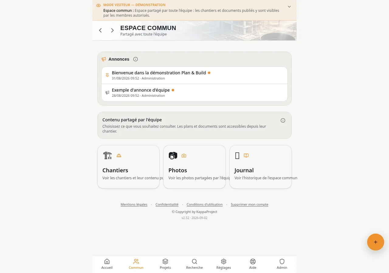 Espace commun : zone collaborative pour partager avec toute l'équipe les documents et informations utiles au projet.