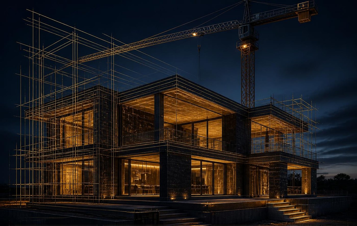 Bâtiment moderne en construction au crépuscule avec une grue et une superposition de plans